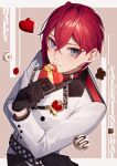 13_(bbr584607091) 1boy belt black_gloves blue_eyes brown_background checkered_clothes chocolate clover commentary crossed_bangs diamond_(shape) gift gloves happy_valentine heart highres holding holding_gift jacket lapel_pin letterboxed long_sleeves looking_at_viewer male_focus redhead riddle_rosehearts short_hair simple_background solo spade_(shape) symbol-only_commentary thinking twisted_wonderland upper_body white_jacket 