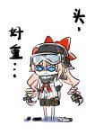  1girl :t american_flag bandana bandana_around_neck black_bandana black_headwear black_skirt blue_eyes bow bren_ten bren_ten_(girls&#039;_frontline) brown_bag chibi chibi_only chinese_commentary chinese_text closed_mouth commentary_request full_body girls_frontline gloom_(expression) goggles goggles_on_headwear hair_ornament hat hat_bow helmet highres long_hair pink_hair pleated_skirt pouch pout red_bow shirt short_sleeves simple_background skirt solo standing sticker su_xiao_jei translation_request twintails weapon_on_floor white_background white_shirt x_hair_ornament 