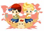  2boys baseball_cap black_hair blonde_hair blush_stickers chibi closed_mouth clouds cup doseisan drinking flower hat hitofutarai holding holding_cup lucas_(mother_3) male_focus mother_(game) mother_2 mother_3 multiple_boys ness_(mother_2) red_flower red_headwear shirt sitting_on_tree_stump smile solid_oval_eyes striped striped_shirt tree_stump white_background 
