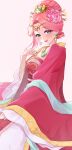  1girl absurdres aqua_eyes breasts chinese_clothes earrings flower gyokuyou_(kusuriya_no_hitorigoto) hair_flower hair_ornament highres jewelry kusuriya_no_hitorigoto looking_at_viewer medium_breasts open_mouth pink_hair simple_background solo teeth upper_teeth_only yooonei 