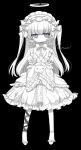  1girl black_background blue_eyes blunt_bangs bow colored_skin commission cross dress expressionless frilled_sleeves frills full_body halo highres holding lolita_fashion long_hair maid_headdress meyou_0319 original solo standing stuffed_animal stuffed_toy white_bow white_dress white_footwear white_hair white_skin white_sleeves 
