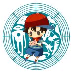  1boy bandana bandana_around_neck black_hair blue_footwear blue_shorts blush_stickers cactus chibi doll dragon eve_(mother) hitofutarai holding holding_instrument instrument keyboard_(instrument) male_focus monkey mother_(game) mother_1 ninten ocarina red_bandana red_headwear red_socks shirt short_sleeves shorts sideways_hat socks solid_oval_eyes solo striped striped_shirt 