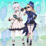  2girls ahoge barbara_(genshin_impact) barbara_(genshin_impact)_(cosplay) black_gloves black_shorts blonde_hair blue_eyes blue_hair blue_headwear cosplay costume_switch dress furina_(genshin_impact) furina_(genshin_impact)_(cosplay) genshin_impact gloves grey_eyes hair_between_eyes hat long_hair long_sleeves multicolored_hair multiple_girls one_eye_closed open_mouth pantyhose shorts smile soku_(bluerule-graypray) translation_request vision_(genshin_impact) white_dress white_hair white_pantyhose 