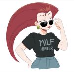  1girl alternate_costume black_shirt breasts cropped_torso earrings grey_background hand_up jessie_(pokemon) jewelry kiana_mai long_hair medium_breasts pokemon redhead shirt shirt_tucked_in short_sleeves shorts simple_background solo sunglasses 