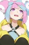  1girl absurdres blue_hair bow-shaped_hair highres iono_(pokemon) jacket long_hair multicolored_hair pink_hair pokemon pokemon_sv sharp_teeth solo t-lex teeth two-tone_hair very_long_sleeves violet_eyes x yellow_jacket 