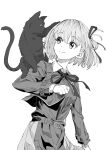  1girl absurdres animal_on_arm belt belt_buckle black_cat breasts buckle cat clenched_hand closed_mouth collared_dress collared_shirt cropped_legs dress greyscale hair_ribbon highres joker_(jjjokerrr233) long_sleeves looking_at_animal lycoris_recoil lycoris_uniform medium_breasts monochrome neck_ribbon nishikigi_chisato ribbon shirt short_hair simple_background smile solo white_background 