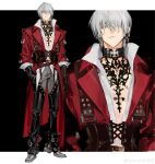  1boy absurdres bishounen black_gloves blue_eyes boots cross cross_earrings cross_necklace dante_(devil_may_cry) devil_may_cry_(series) devil_may_cry_3 earrings gloves hair_over_one_eye highres jewelry long_hair looking_at_viewer male_focus necklace smile solo weibo_5765457468 white_hair 