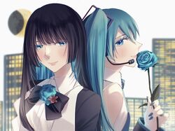  2girls ado_(utaite) aqua_eyes aqua_hair aqua_nails aqua_necktie black_bow black_bowtie black_coat black_hair blue_flower blue_rose blurry blurry_background blush bow bowtie building chando_(ado) closed_mouth cloud_nine_inc coat collared_shirt colored_inner_hair detached_sleeves dress_shirt earpiece film_grain flower flower_brooch hatsune_miku highres holding holding_flower long_hair long_sleeves looking_at_viewer mole mole_under_eye moon multicolored_hair multiple_girls nail_polish necktie rose shirt sleeveless sleeveless_shirt spica_(spica5f9ea0) twintails two-tone_hair upper_body utaite vocaloid white_background white_shirt 