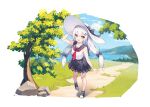  1girl aged_down black_bow black_footwear bow clouds commission forest ge_zhong_kuaile girls_frontline grass hat lake long_hair looking_at_viewer multiple_hairpins nature neckerchief outdoors path pixiv_commission pleated_skirt red_neckerchief rock sailor_collar school_uniform serafuku shirt shoes skirt sleeveless smile standing sun_hat svd_(girls&#039;_frontline) tree very_long_hair white_hair white_headwear white_shirt yellow_eyes 
