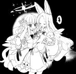  2girls @_@ angel_wings animal_ears blue_archive capelet closed_eyes crying crying_with_eyes_open detached_sleeves dress feathered_wings fox_ears fox_tail greyscale halo highres long_hair mika_(blue_archive) monochrome multiple_girls open_mouth seia_(blue_archive) sleeves_past_fingers sleeves_past_wrists smile speech_bubble tail tears wings yun_(dust-i1) 
