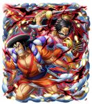  2boys black_hair fighting fighting_stance food gol_d._roger holding holding_weapon katana kouzuki_oden legs male_focus manly mature_male multiple_boys muscular muscular_male oden one_piece one_piece_treasure_cruise pectoral_cleavage pectorals pirate samurai sideburns sword teeth weapon 