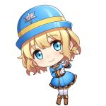  1girl aria_(vivid_army) blonde_hair blue_eyes blue_headwear blue_skirt boots brown_footwear chibi closed_mouth dot_nose full_body gloves hair_between_eyes long_sleeves military military_uniform official_art short_hair simple_background skirt smile solo standing thigh-highs transparent_background uniform vivid_army white_gloves white_thighhighs zettai_ryouiki 