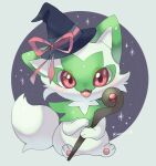  animal_focus artist_name black_background cat commentary_request fang green_fur halloween_costume hat holding holding_staff iwasi_29 looking_at_viewer no_humans open_mouth outside_border pawpads pokemon pokemon_(creature) red_eyes sitting sprigatito staff tail twitter_username witch_hat 