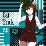  adapted_costume album_cover alternate_costume animal_ear_fluff animal_ear_piercing animal_ears aqua_background bad_source brown_eyes brown_hair buttons cat_ears cat_tail chen circle_name close-up closed_mouth collared_shirt cover earrings english_text eyelashes fingernails girls_logic_observatory green_headwear hand_on_headwear hat highres hoop_earrings jewelry long_sleeves looking_at_viewer multiple_tails nekomata one_eye_closed outstretched_hand plaid plaid_background pocket red_shorts red_vest shirt short_hair short_shorts shorts simple_background smile tail top_hat touhou two_tails v-shaped_eyebrows vest white_shirt white_sleeves witoi_(roa) 