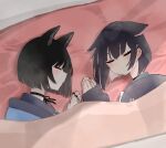  2girls ^_^ animal_ear_fluff animal_ears black_choker black_hair black_jacket black_nails blanket blue_archive blunt_bangs bob_cut cat_ears cat_girl choker closed_eyes colored_inner_hair commentary_request extra_ears hair_ornament hairclip halo happi highres hood hooded_jacket jacket japanese_clothes kazusa_(blue_archive) kikyou_(blue_archive) long_sleeves lying multicolored_hair multiple_girls nail_polish negu_(pixiv_6519140) on_bed on_side parted_lips school_uniform serafuku short_hair sidelocks sleeping two-tone_hair wide_sleeves 