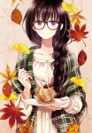  1girl artist_name autumn_leaves black_hair braid buttons closed_mouth collarbone commentary_request dress falling_leaves food food_request fork ginkgo_leaf glasses green_jacket himawari-san himawari-san_(character) holding holding_fork holding_plate jacket leaf leaf_background long_hair long_sleeves looking_at_viewer maple_leaf open_clothes open_jacket plaid plaid_jacket plate red-framed_eyewear signature single_braid smile solo straight-on sugano_manami upper_body violet_eyes white_dress 