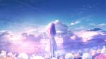  1girl absurdres amenomori_howa backlighting blurry bow cart cat clouds cloudy_sky contrail depth_of_field dress dress_bow flower from_behind highres hill holding holding_flower light light_particles long_hair original petals scenery sky solo sunlight white_dress 