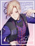  13_(bbr584607091) 1boy black_shirt blonde_hair border bow bowtie character_name collared_shirt commentary dated gradient_background gradient_hair hand_on_own_hip hand_up happy_birthday highres jacket letterman_jacket looking_at_viewer male_focus multicolored_hair parted_bangs pink_background plaid plaid_vest purple_background purple_bow purple_bowtie purple_hair purple_jacket purple_vest shirt short_hair smile solo symbol-only_commentary twisted_wonderland upper_body vest vil_schoenheit violet_eyes 