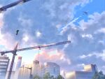  absurdres aircraft airplane billboard building city cityscape clouds cloudy_sky crane_(machine) day highres lamppost mifachu_(1064317697) no_humans original outdoors scenery sky skyscraper tree 