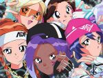  1990s_(style) 5girls backwards_hat beanie black_hair blonde_hair blue_hair brigitte_(overwatch) brown_hair chain_necklace d.va_(overwatch) fingerless_gloves gloves hand_gesture hat headband headphones headphones_around_neck heart heart_hands highres jewelry kiriko_(overwatch) le_sserafim multiple_girls necklace overwatch overwatch_2 pink_beanie purple_hair retro_artstyle sk_(sk-jp) sombra_(overwatch) tracer_(overwatch) white_headband 