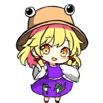  1girl :d animal_print blonde_hair blush brown_footwear brown_headwear chibi dragon_print frog_print hair_ribbon kohaku_(fjdg4778) long_sleeves looking_at_viewer moriya_suwako open_mouth purple_skirt purple_vest red_ribbon ribbon short_hair sidelocks simple_background skirt smile solo standing touhou vest white_background wide_sleeves yellow_eyes 