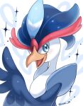  artist_name beak blue_eyes blue_hair colored_skin iwasi_29 looking_at_viewer open_mouth pokemon pokemon_(creature) quaquaval sparkle twitter_username white_background white_skin 