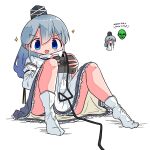  1girl angry_video_game_nerd atari atari_jaguar blue_eyes blue_hair chibi chibi_inset controller crying cybermorph dress excited game_console game_controller highres holding holding_controller holding_game_controller kasuya_baian mononobe_no_futo solo touhou white_background white_dress 