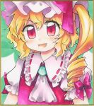  1girl ascot blonde_hair bow brooch fangs flandre_scarlet hat hat_ribbon highres jewelry maa_(forsythia1729) mob_cap puffy_short_sleeves puffy_sleeves red_bow red_eyes red_ribbon red_vest ribbon shirt short_sleeves solo touhou vest white_ascot white_shirt 