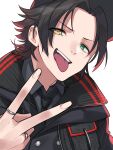  1boy black_hair collared_shirt green_eyes hat heterochromia highres hypnosis_mic hypnosis_mic:_rule_the_stage jacket jewelry kishinaito male_focus mole mole_under_eye multicolored_hair multiple_rings necktie open_mouth parted_bangs redhead ring shirt short_hair smile solo tongue tongue_out upper_body v white_background yamada_jiro yellow_eyes 