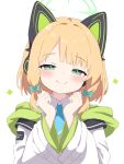 1girl absurdres animal_ears blonde_hair blue_archive blue_necktie blush bow closed_mouth collared_shirt fake_animal_ears green_bow green_eyes green_halo hair_bow halo highres jacket long_sleeves looking_at_viewer midori_(blue_archive) necktie open_clothes open_jacket rabbit_ears shirt short_hair simple_background smile solo upper_body white_background white_jacket white_shirt wide_sleeves yukisiannn 