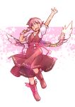  1girl animal_ears arm_up bird_ears bird_wings blush brown_eyes brown_headwear full_body hat looking_at_viewer mystia_lorelei open_mouth pink_hair rangycrow short_hair smile solo touhou white_wings wings 