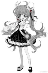  1girl asymmetrical_footwear black_choker black_dress choker commission dress frilled_dress frills full_body grey_eyes grey_hair hair_ornament heart heart_hair_ornament highres long_hair meyou_0319 monochrome original socks solo very_long_hair white_socks 