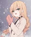 1girl :d blonde_hair blurry blurry_background blush braid character_request coat flat_chest gloves green_eyes hair_between_eyes long_braid long_hair looking_at_viewer milkshakework mittens open_mouth own_hands_together single_braid smile snow snowing solo upper_body very_long_hair winter winter_clothes