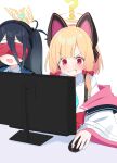  2girls ? absurdres animal_ear_headphones animal_ears aris_(blue_archive) black_hair blindfold blonde_hair blue_archive blush bow cat_ear_headphones clenched_teeth fake_animal_ears hair_bow halo headphones highres long_hair momoi_(blue_archive) monitor mouse_(computer) multiple_girls qusouzu_mogari red_bow red_eyes short_hair teeth yellow_halo 