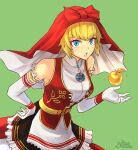  1girl :o apple apron bare_shoulders belt black_dress blonde_hair blue_eyes domosansan dress elbow_gloves floating floating_object food fruit gloves golden_apple green_background hand_on_own_hip highres idunn_(megami_tensei) looking_at_viewer multicolored_clothes red_dress shin_megami_tensei shin_megami_tensei_v short_hair simple_background solo veil waist_apron white_apron white_gloves yellow_belt 