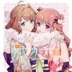  2024 2girls aono_nachi artist_name blush breasts brown_hair closed_mouth copyright_notice floral_print green_eyes green_kimono grid_background hair_intakes hair_ornament happy_new_year highres japanese_clothes kagari_mimi kimi_ga_shinu_made_koi_wo_shitai kimono long_hair long_sleeves looking_at_viewer multiple_girls obi official_art open_mouth pink_hair pink_kimono rabbit_hair_ornament sash scarf second-party_source shared_clothes shared_scarf short_hair small_breasts smile totsuki_shiina upper_body violet_eyes wide_sleeves yukata 