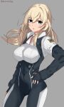  1girl alternate_costume ascot atago_(kancolle) black_bikesuit black_gloves blonde_hair breasts contrapposto fingerless_gloves gloves green_eyes grey_background highres kantai_collection large_breasts long_hair miron_(mirona33) simple_background solo standing two-tone_bodysuit white_ascot 