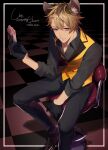  13_(bbr584607091) 1boy absurdres animal_ear_fluff animal_ears black_gloves black_shirt blonde_hair blue_eyes border card chair checkered_floor collared_shirt commentary full_body gloves hand_up highres holding holding_card hyena_boy hyena_ears korean_text long_sleeves looking_at_viewer male_focus playing_card ruggie_bucchi shirt short_hair sitting sleeves_rolled_up smile solo symbol-only_commentary translation_request twisted_wonderland vest yellow_vest 