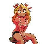  animal_ears antlers between_legs black_shorts blonde_hair commentary crescendeon deer_ears deer_girl freckles furry furry_female hand_between_legs highres long_hair looking_at_viewer on_chair original red_sweater shorts simple_background sitting sweater white_background 