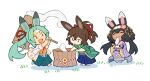  1girl 2boys alternate_costume animal_ears black_hair brown_hair chibi chopsticks dark-skinned_female dark_skin dragalia_lost dragalinuka food full_body green_hair hair_between_eyes hammer headband holding holding_chopsticks holding_hammer japanese_clothes kimono laranoa long_hair luca_(dragalia_lost) mochi mochitsuki multiple_boys rabbit_ears sylas_(dragalia_lost) 