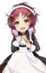  1girl aisha_greyrat apron black_dress dress feet_out_of_frame flat_chest green_eyes highres holding holding_paper maid maid_apron maid_headdress mushoku_tensei paper redhead relief rfg_rozen short_hair simple_background smile solo white_background white_headdress 