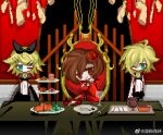  1boy 2girls akujiki_musume_conchita_(vocaloid) black_dress brown_hair dress evillious_nendaiki food fork green_eyes highres kagamine_len kagamine_rin meiko_(vocaloid) meyou_0319 multiple_girls one_eye_closed pixel_art plate red_dress short_hair sitting smile standing table throne very_short_hair vocaloid waiter waitress 