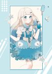  1girl absurdres blue_background blue_eyes blue_hair blush border cherry collared_dress commentary cup dress drink english_commentary food fruit hair_ornament hairclip highres holding holding_cup holding_drink ice_cream ice_cream_float kokone_(kokoneillust) layered_dress long_hair looking_at_viewer multicolored_hair open_mouth original popsicle puffy_short_sleeves puffy_sleeves sand_dollar short_sleeves solo starfish very_long_hair white_hair x_hair_ornament 