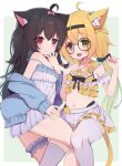  2girls ahoge animal_ear_fluff animal_ears arashiya black_hair blonde_hair blue_jacket brown_eyes camisole cat_ears cat_girl cat_tail character_request commission copyright_request crop_top denghuo_ju_(vtuber) face-to-face glasses hairband hand_to_own_mouth heterochromia indie_virtual_youtuber jacket long_hair looking_at_viewer low_twintails midriff miniskirt multiple_girls navel off_shoulder open_mouth pleated_skirt ribbon shirt skeb_commission skirt smile strap_slip tail thigh-highs thighs twintails white_camisole white_skirt white_thighhighs yellow_shirt 
