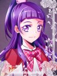  1girl blunt_bangs bow bowtie capelet closed_mouth grey_background hair_ornament high_ponytail highres izayoi_liko long_hair looking_at_viewer magic_school_uniform mahou_girls_precure! plaid plaid_bow plaid_bowtie portrait precure purple_hair red_bow red_bowtie red_capelet school_uniform shipu_(gassyumaron) shirt smile solo violet_eyes white_shirt 