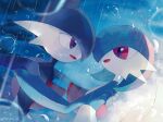  artist_name colored_skin commentary_request dancing dated gallade gardevoir green_hair highres open_mouth outdoors pokemon pokemon_(creature) rain red_eyes rongai28 twitter_username white_skin 