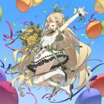  1girl absurdres balloon blonde_hair boots bouquet bow dress flower green_bow hair_bow highres holding holding_bouquet idol_clothes jumping lai_dou_laile_555 long_hair midair nijisanji nijisanji_en open_mouth orange_eyes pomu_rainpuff smile solo very_long_hair virtual_youtuber white_dress white_footwear wrist_cuffs yellow_flower 