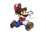  1boy blue_overalls boots brown_footwear brown_hair facial_hair full_body gloves hat mari_luijiroh mario mario_&amp;_luigi_rpg masanori_sato_(style) mustache overalls red_headwear red_shirt shirt short_hair simple_background solo super_mario_bros. translation_request white_background white_gloves 