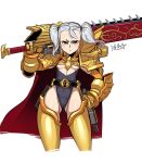  1girl armor belt belt_buckle bikini_armor breasts buckle cape chainsaw closed_mouth contrapposto furrowed_brow gauntlets genderswap genderswap_(mtf) gold_armor gold_trim gun hand_on_own_hip highres holding holding_weapon huge_weapon imperial_fists imperium_of_man over_shoulder pauldrons power_armor primarch rogal_dorn ryuusei_(mark_ii) short_eyebrows short_hair short_twintails shoulder_armor signature small_breasts solo standing storm&#039;s_teeth sword sword_over_shoulder thigh-highs twintails under_boob warhammer_40k weapon weapon_over_shoulder white_background white_hair yellow_eyes 