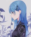  1girl black_dress blue_eyes blue_hair breasts dress earrings from_side grey_background hair_ornament highres jewelry long_hair medium_breasts original plant shichi_(ratorin53) solo straight_hair stud_earrings 
